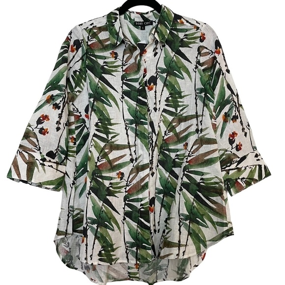 NEW Boho Chic 100% Linen Palm/Floral Print Collared 3/4 Sleeves Tunic Top. Sz. S - Picture 7 of 14